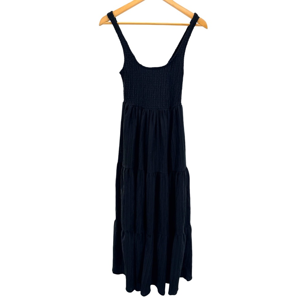 ASOS DESIGN Crinkle Black Smocked Tiered Midi Dress Scoop Neck Sleeveless Size 2